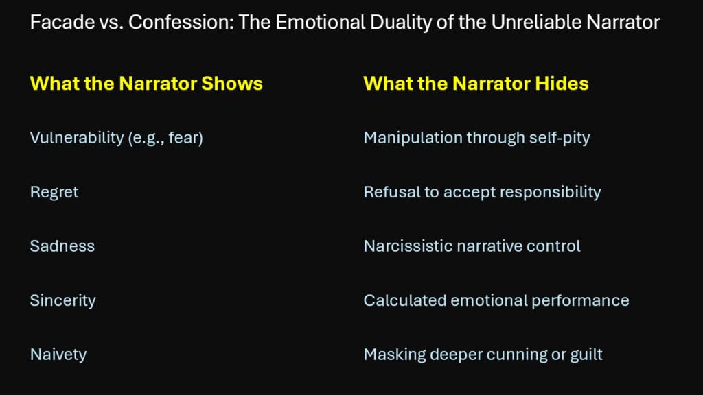 Facade vs. Confession -- The Emotional Duality of the Unreliable Narrator