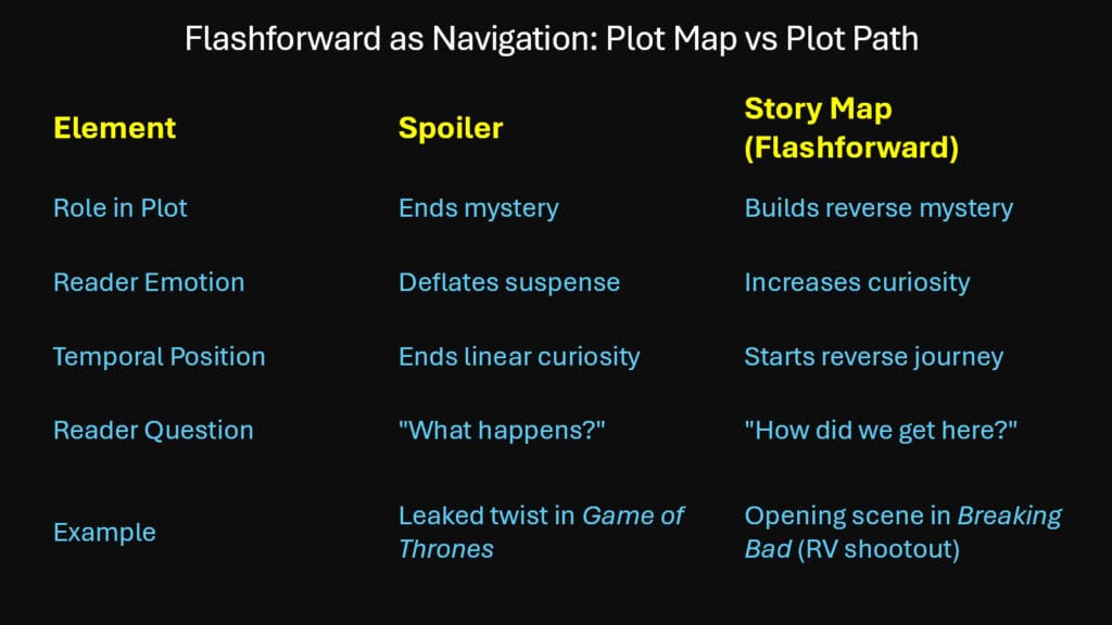 Flashforward as Navigation -- Plot Map vs Plot Path