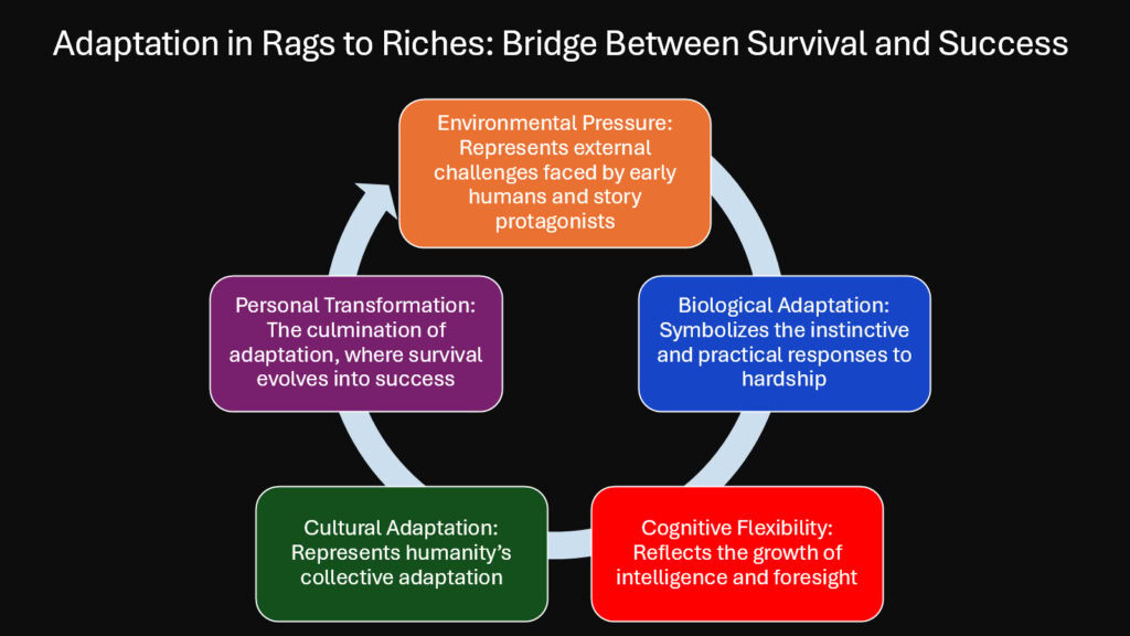 Adaptation in Rags to Riches -- Bridge Between Survival and Success