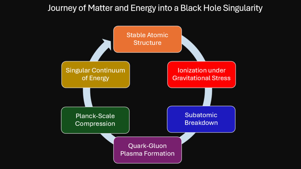 Journey of Matter and Energy into a Black Hole Singularity