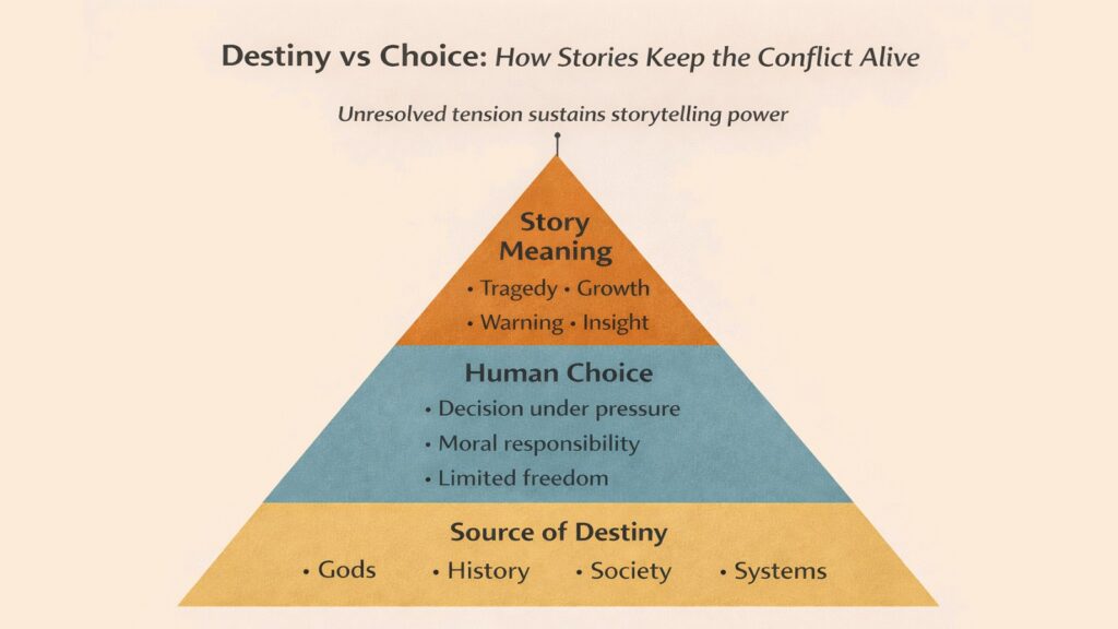 Destiny vs Choice -- How Stories Keep Conflict Alive
