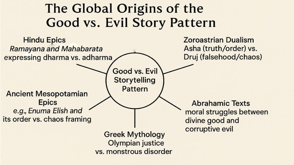 Global Origins of the Good vs. Evil Story Pattern