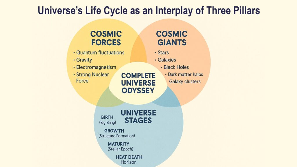 Universe’s Life Cycle as an Interplay of Three Pillars