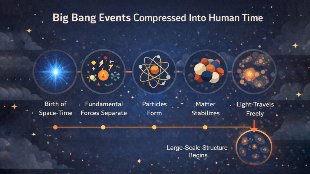 Big Bang Events Compressed Into Human Time