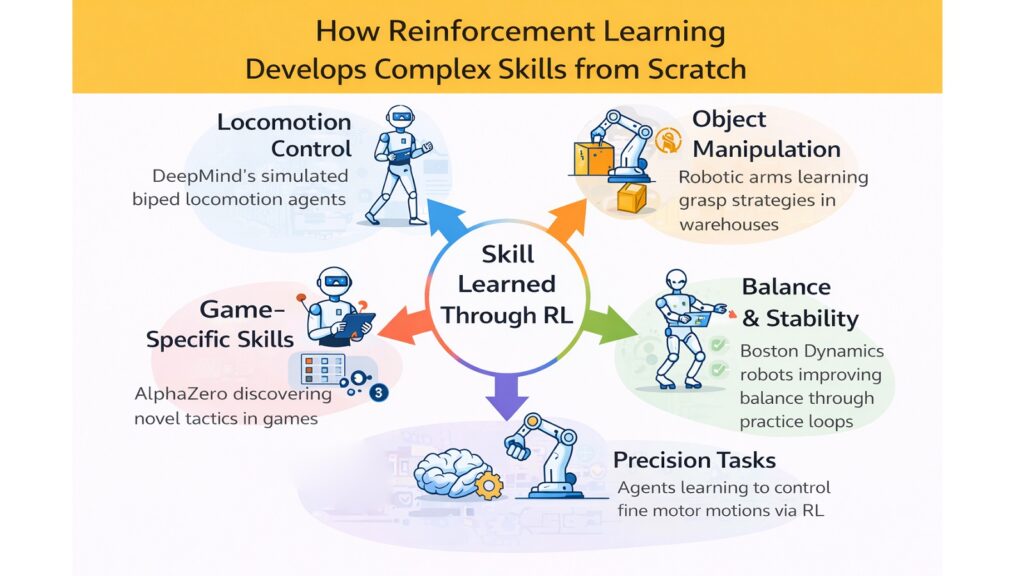 How Reinforcement Learning Develops Complex Skills from Scratch