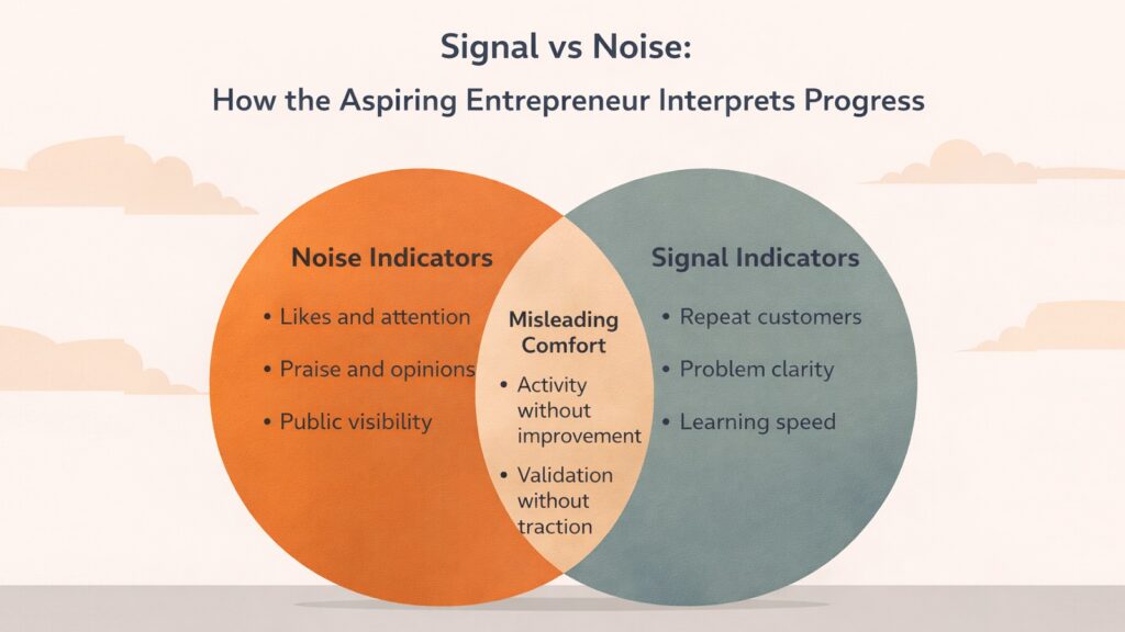 Signal vs Noise -- How the Aspiring Entrepreneur Interprets Progress
