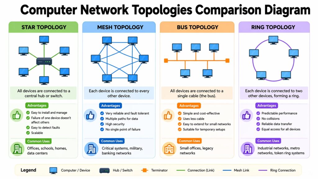 Computer Network Topologies Comparison Diagram