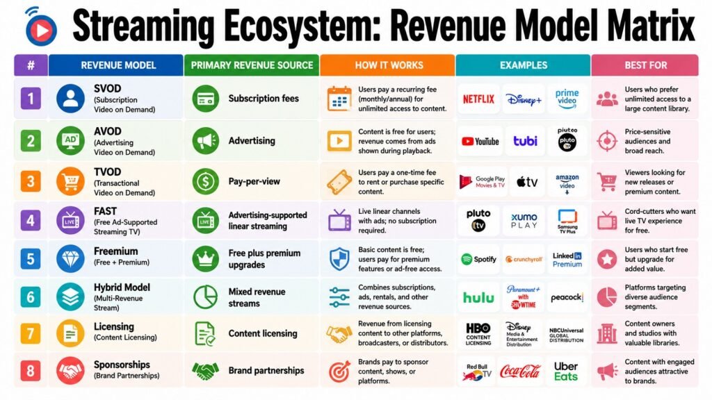 Streaming Ecosystem -- Revenue Model Matrix