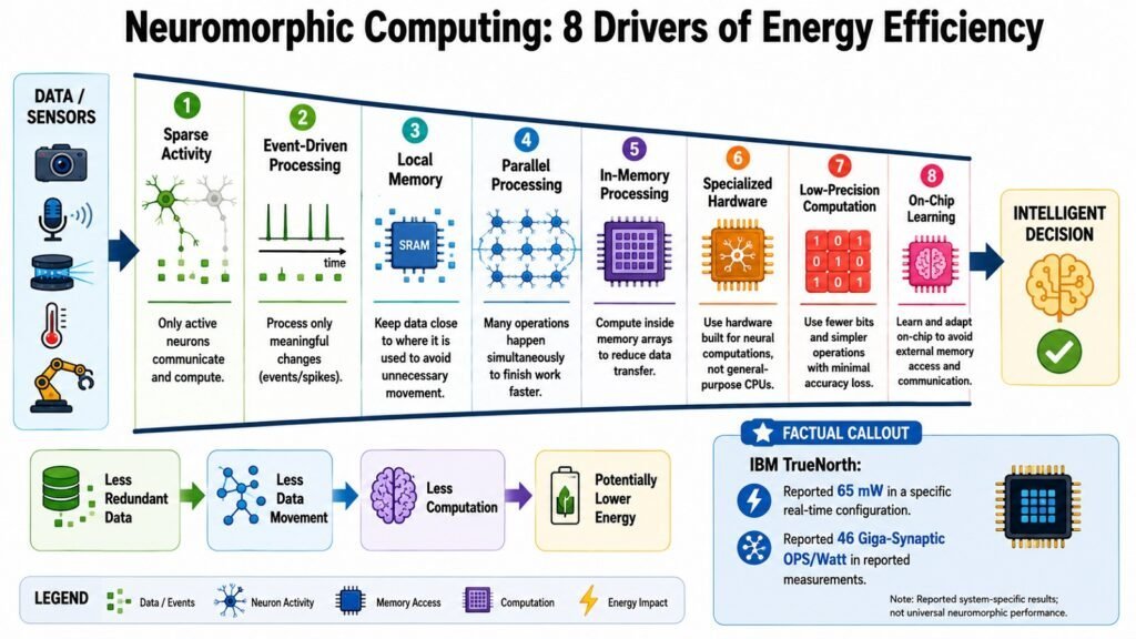 Neuromorphic Computing -- 8 Drivers of Energy Efficiency