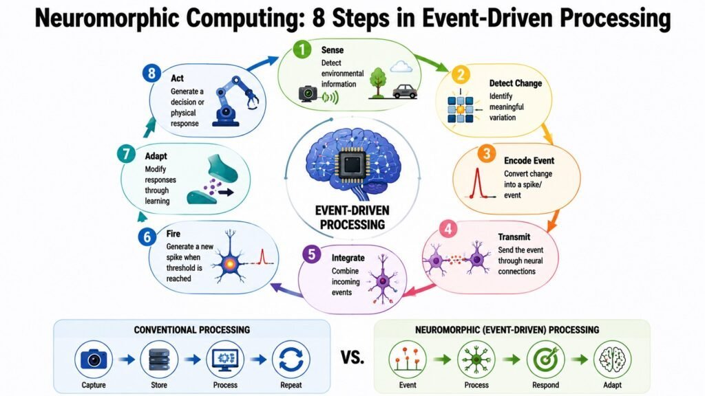 Neuromorphic Computing -- 8 Steps in Event-Driven Processing