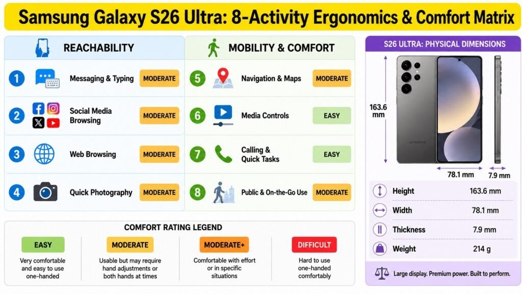 Samsung Galaxy S26 Ultra -- 8-Activity Ergonomics & Comfort Matrix