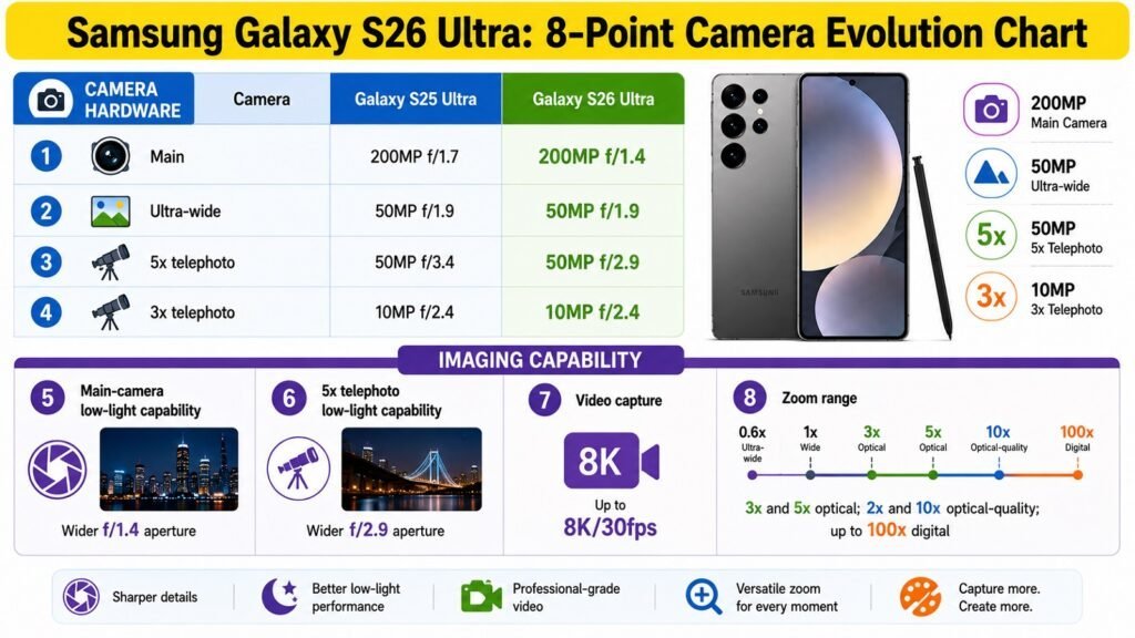 Samsung Galaxy S26 Ultra -- 8-Point Camera Evolution Chart