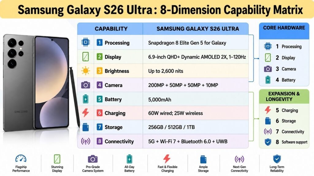 Samsung Galaxy S26 Ultra -- Eight Dimension Capability Matrix