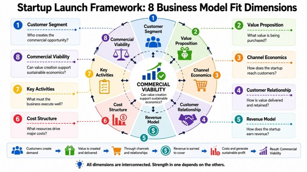 Startup Launch Framework -- 8 Business Model Fit Dimensions