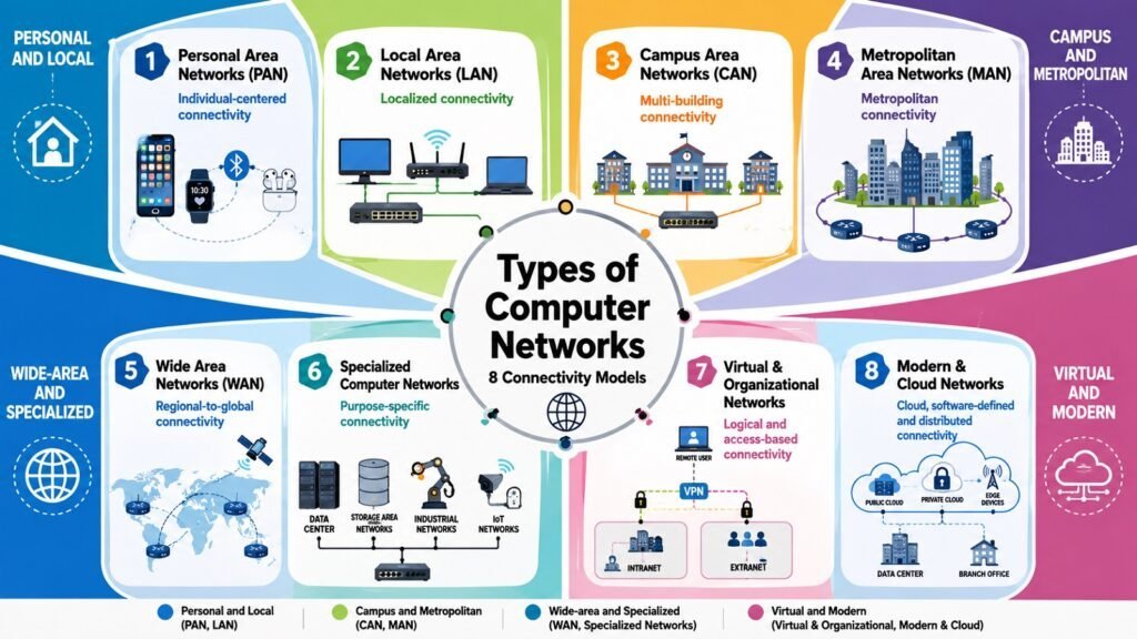 Types of Computer Networks -- 8 Connectivity Models