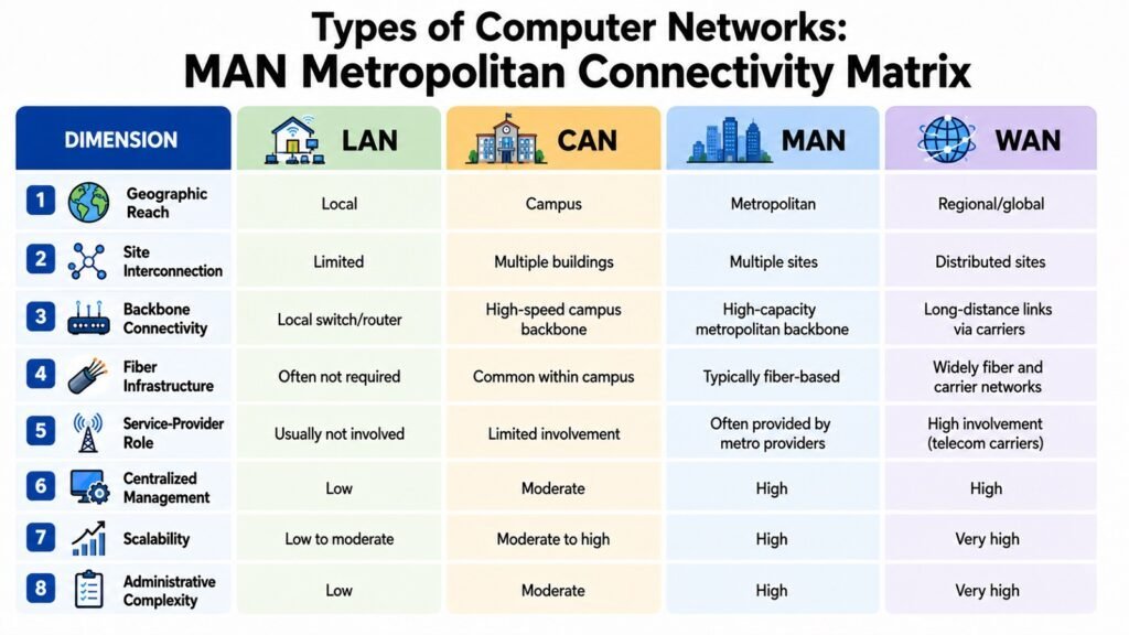 Types of Computer Networks -- MAN Metropolitan Connectivity Matrix