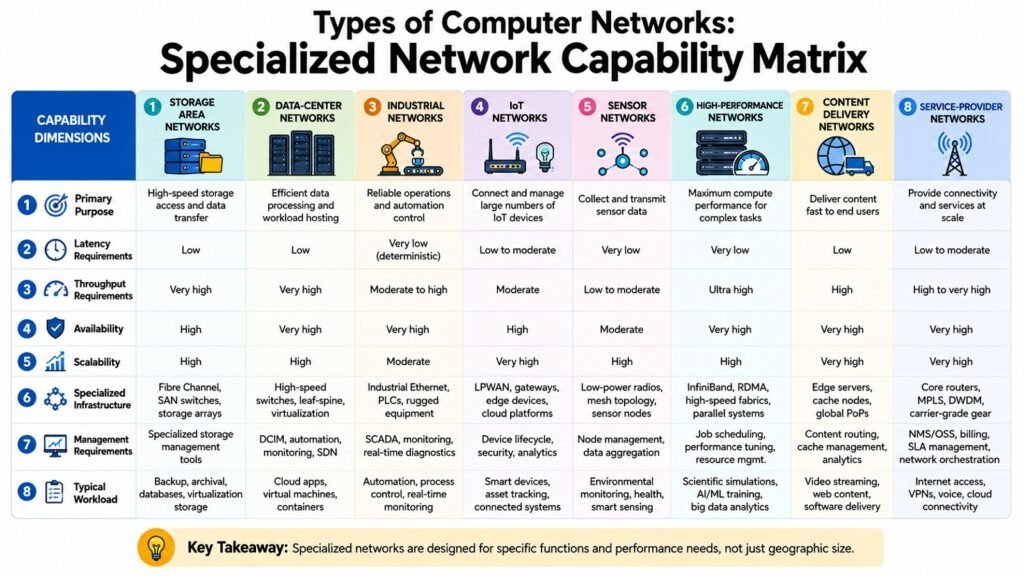Types of Computer Networks -- Specialized Network Capability Matrix