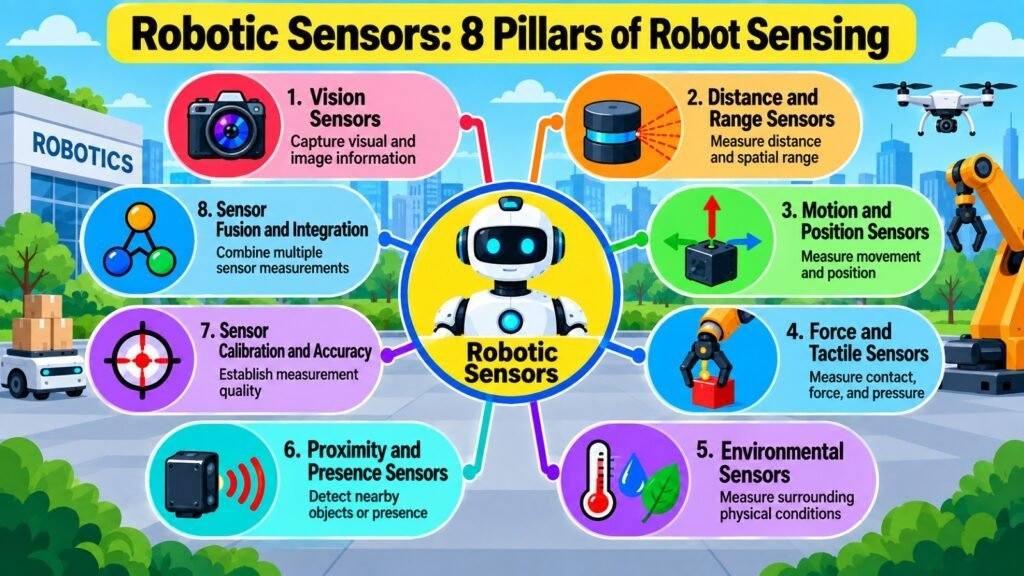 Robotic Sensors -- 8 Pillars of Robot Sensing