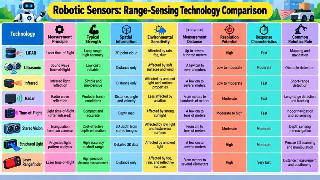 Robotic Sensors -- Range-Sensing Technology Comparison